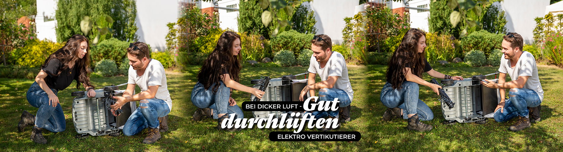 Frau erklärt Mann den elektrovertikutierer, den er dann benutzt